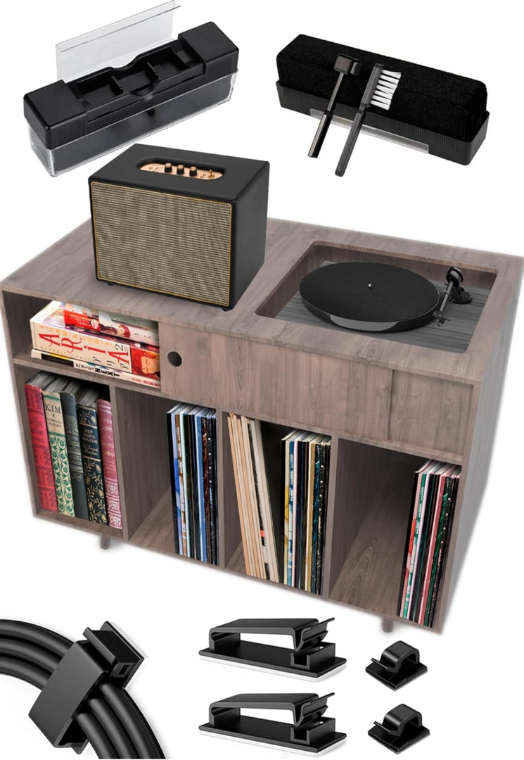 Record Player Stand – Large Wooden Turntable Table with Vinyl Storage, Mid-Century Modern Media Console for Albums, Audio Equipment, Speakers, Books, and Home Entertainment Organization