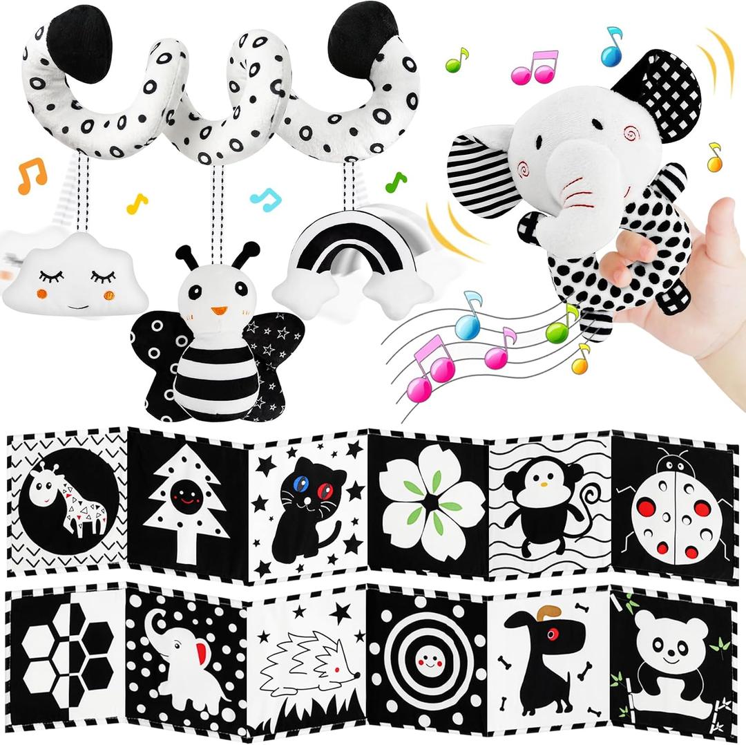 TSYAN High Contrast Baby Toys for Babies 0-6 Months, Black and White Baby Sensory Toys with Car Seat Toys,Infant Toys with Black White Book, Hanging Rattle Toys for Baby Gifts