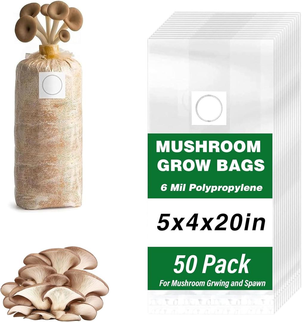 Mushroom Grow Bags, 50 Pack Mushroom Spawn Bags, 5" x 4" x 20", 6 Mil Thick Durable,Tear Resistant, 0.2 Micron Porosity Resistant High Pressure Spawning