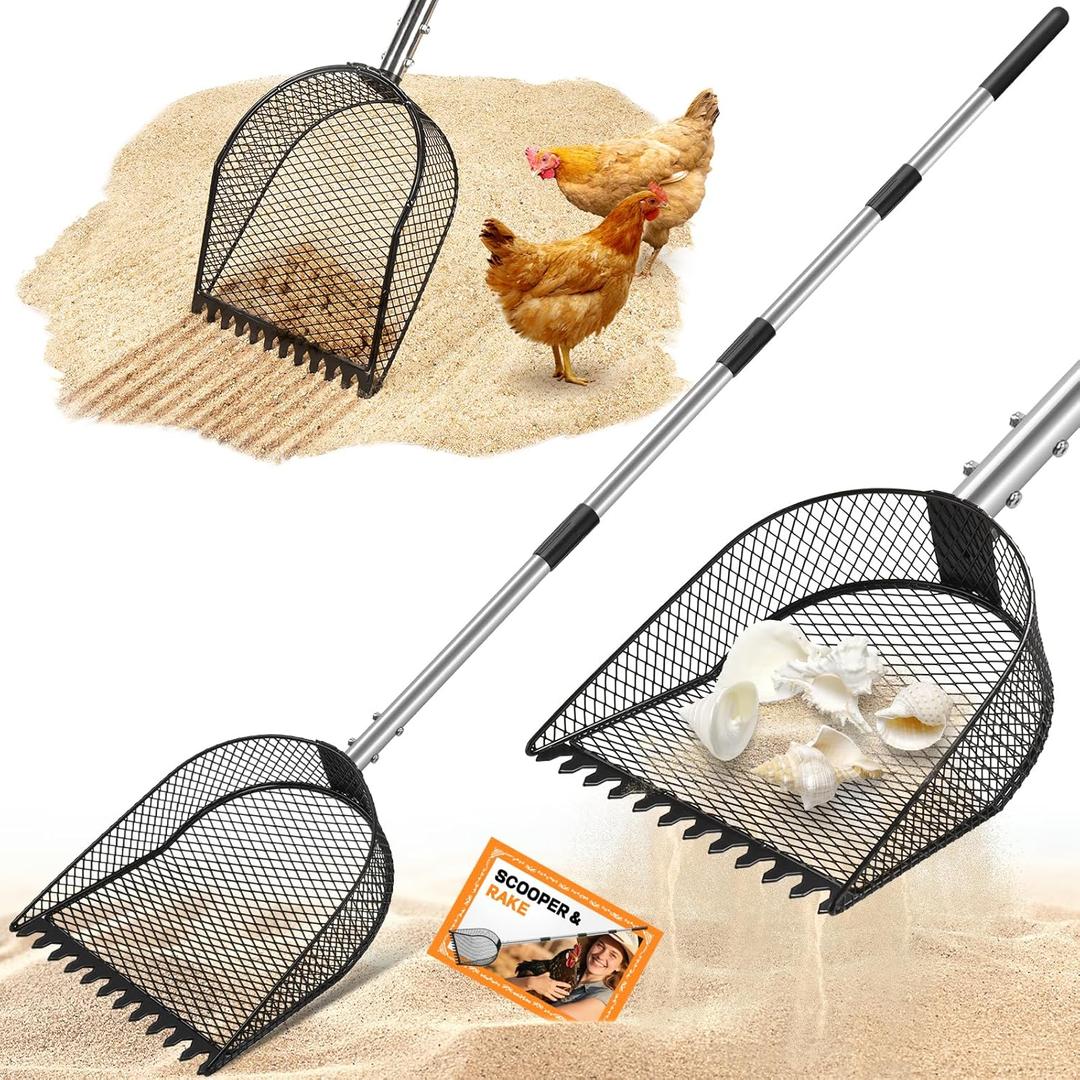 Metal Chicken Poop Scooper and Rake 2-in-1, Poop Chicken Scoop Sand with Stainless Steel Handle (43-73" Adjustable), Sifter Shovel Chicken Coop Sand Rake for Chicken Coops & Farm Animals