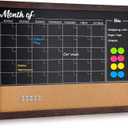 4 THOUGHT Chalkboard Calendar Corkboard Combo, 24" x 36" Large Bulletin Board Magnetic Calendar Chalkboard for Wall Combination Board Monthly Planner Rustic Brown Frame 4 Markers 8 Magnets 10 Pushpins