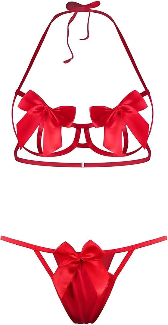 Sexy Womens Exotic Lingerie Sets, Bow Tie Naughty Cute Teddy 2 Piece Lingerie Set Holiday Lingerie (Red, M)