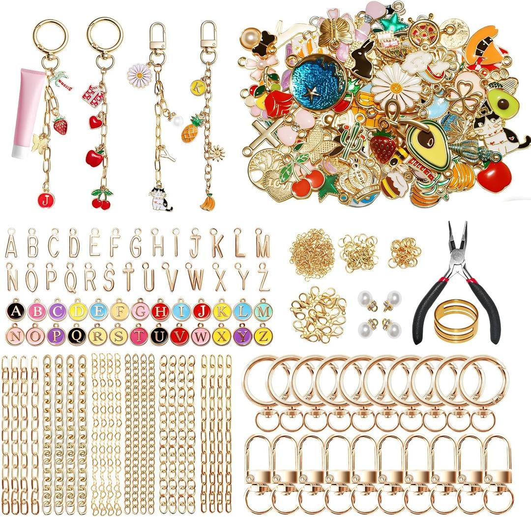 WDXIUE Keychain Making Kit, Charms Lip Gloss Key Chain Bracelet Design Set, Cute & Friendship Jewelry Making Kit, DIY Make 24 Set Keychain for Beginners