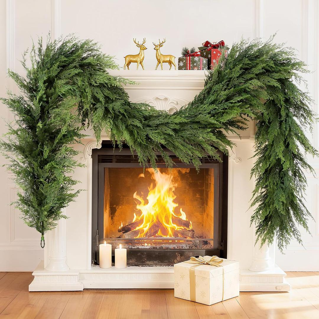 DEPMEM 9Ft Christmas Garland, Realistic Cedar Cypress Norfolk Pine Greenery Garland Faux Christmas Decorations for Mantle, Fireplace, Table, Stairs, Doors, Porch, Indoor Outdoor Christmas Decor