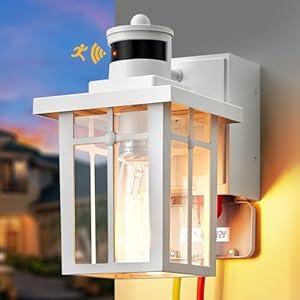 Myhaptim Porch Lights with GFCI Outlet, Dusk to Dawn Motion Sensor Outdoor Lights, 3 Lighting Modes White Front Door Light，Waterproof Exterior Light Fixture, Outside Lamp for House Patio Garage