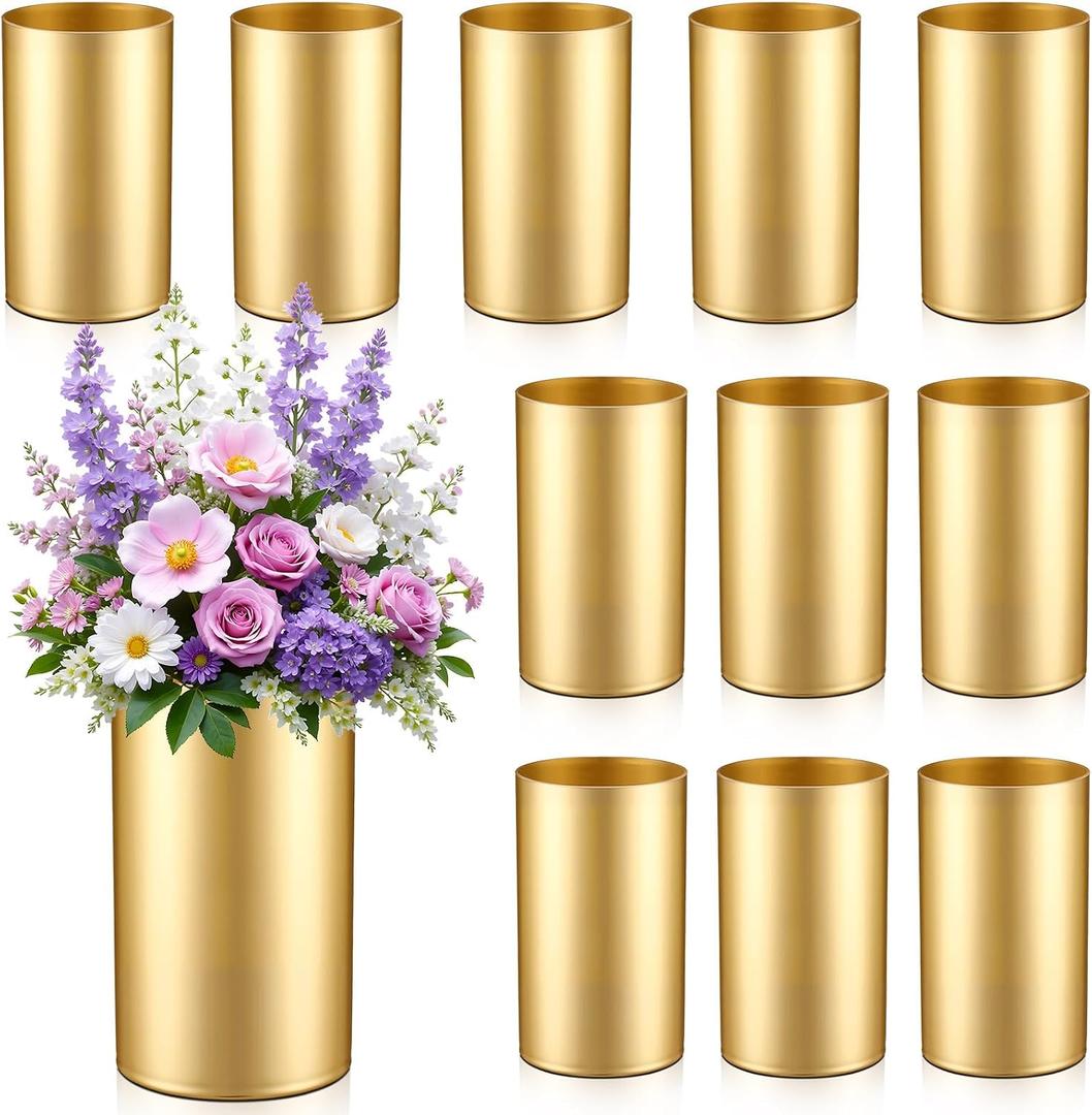 12 Pcs 6 Inch Gold Cylinder Vases for Wedding Centerpieces Tall Decorative Hurricane Candle Holder Bulk Acrylic Gold Flower Vases for Home Office Wedding Decorations