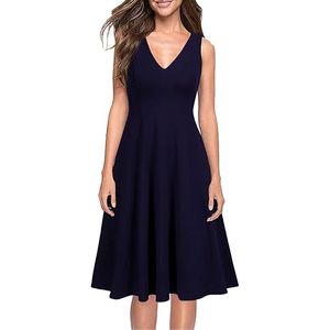 WOOSEA Women's Sleeveless V Neck Vintage Pockets Swing Business Church Dress Navy Blue (Blue, L)