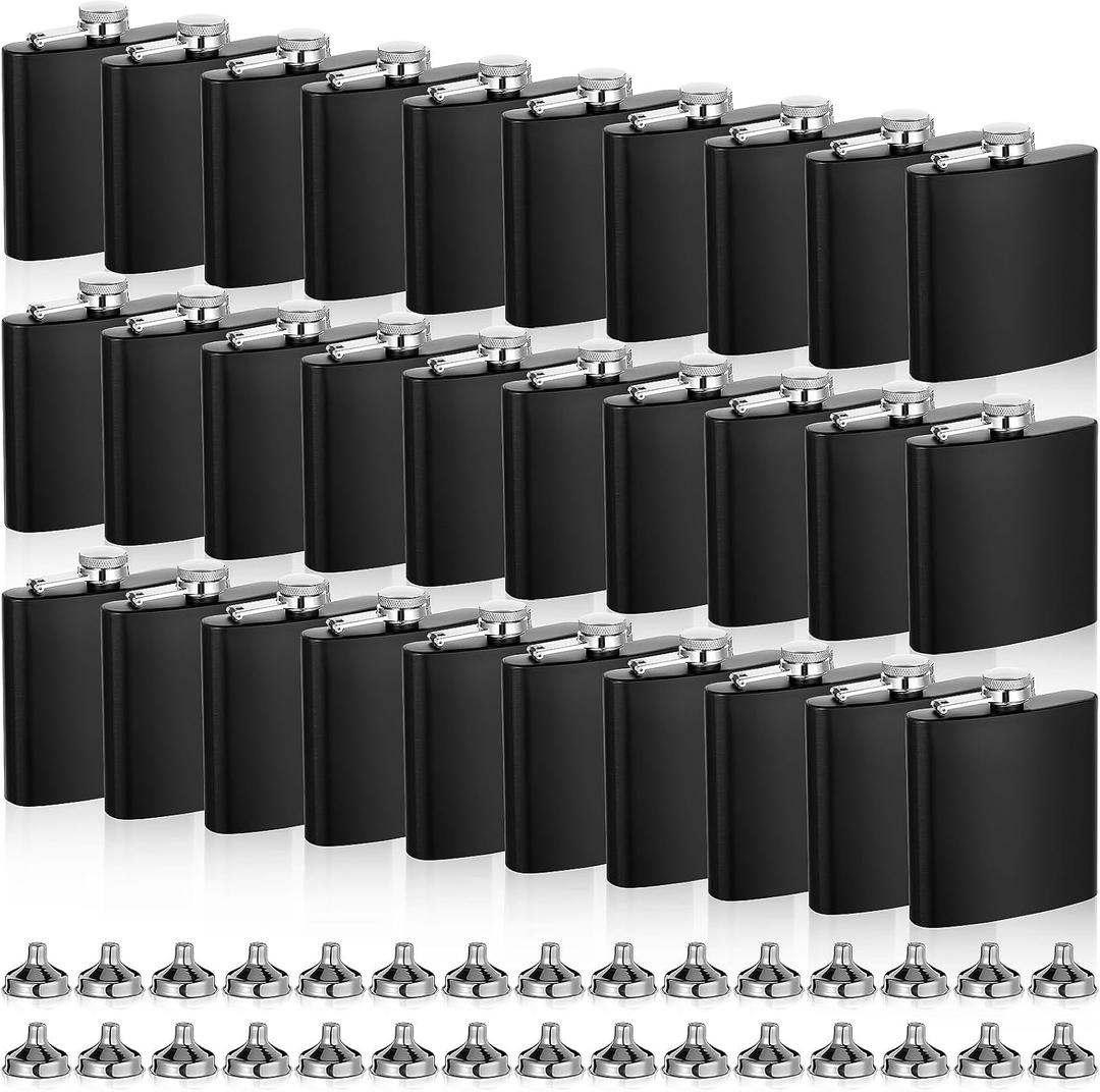 30 Pieces Hip Flasks Set Stainless Steel Liquor Flask with Funnel Metal Leak Proof Flask Pocket Whiskey Flasks for Men Women Bridesmaid Wedding Party Supplies (Black,6 oz)