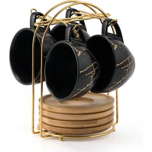 LUKA Ceramic Demitasse Espresso Cups Set with Saucers and Metal Stand, 8 oz Porcelain Stackable Cappuccino Cups Teacup For Tea, Espresso, Latte, Coffee, Cafe Mocha, Set of 4, Black