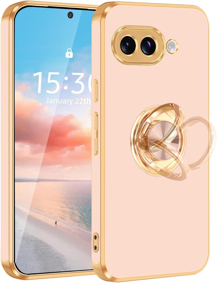 2 x Fingic Compatible with Google Pixel 9a 360 Rotatable Ring Holder Stand | Plating Gold Edge Magnetic Stand Slim Soft TPU Shockproof Protective Phone Case for Women for Pixel 9a (6.3"2025),Rose Gold