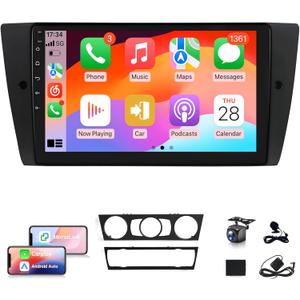 4G+64G Car Stereo for BMW 328i 335i 325i E90 E91 E92 E93 2005 to 2013 Radio Wireless CarPlay Android Auto, 9" IPS Touch Screen for BMW 328i Stereo BT/FM RDS DSP/GPS/WiFi/SWC/AHD Camera (No Fiber)