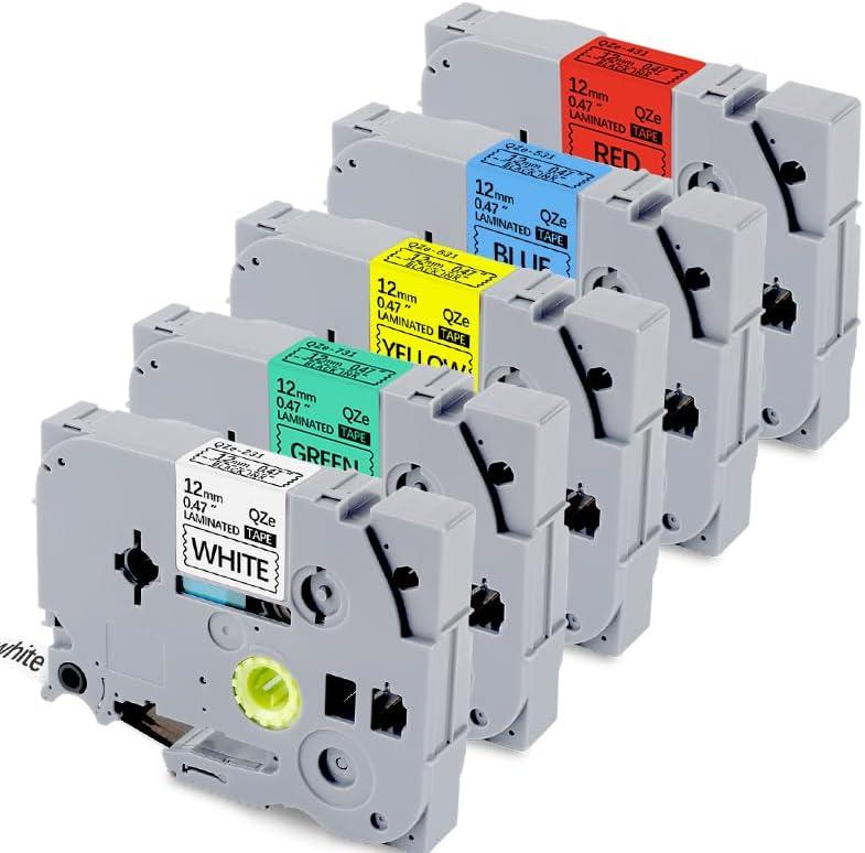 5-Pack Compatible Brother P Touch Label Tape Multicolors TZe-231 tz431 531 tze-631 731 12mm 0.47 Laminated Label Maker Tape Work for PT-D210 H110 D220 D410 D600, Black on White/Red/Blue/Yellow/Green