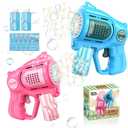 2-Pack Bubble Gun for Toddlers 1-3 Kids 4-8, 15-Holes Automatic Bubble Machine Blower Blaster Maker with 2 Bottles Solution, Easter Party Favors Summer Outdoors Wedding Toys Gifts for Boys Girls (Blue+pink (15holes))