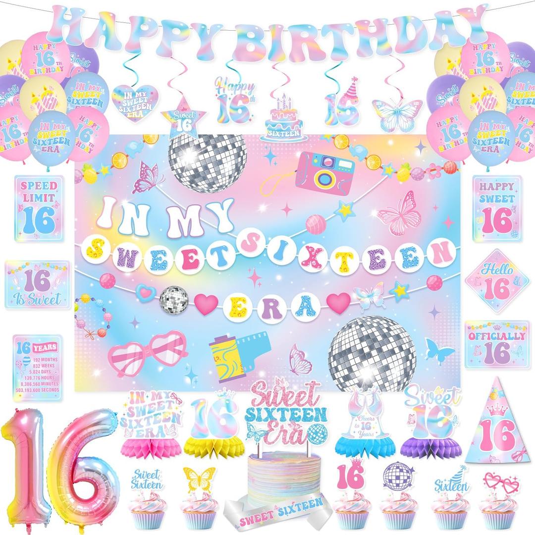 KOTLMIGHT 16th Birthday Decorations for Girls, In My Sweet Sixteen Era Birthday Party Decor Supplies for Girls 16 Year Old - Backdrop, Banner, Tablecloth, Centerpieces, Hanging Swirl, Hat, Wall Signs
