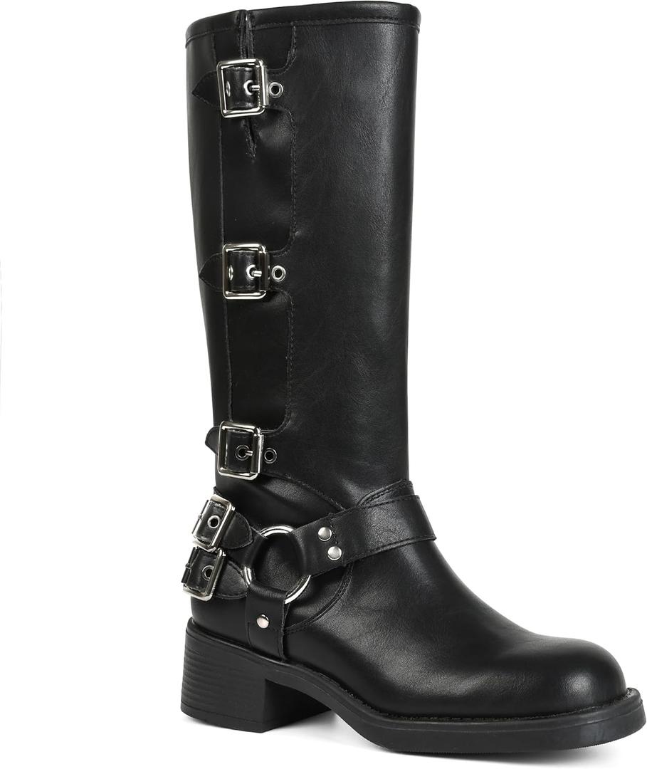 AMINUGAL Knee High Boots Women Square Toe Pull On Wide Calf Riding Fashion Buckles Chunky Metallic Casual Vintage Buckle Rivet (7)