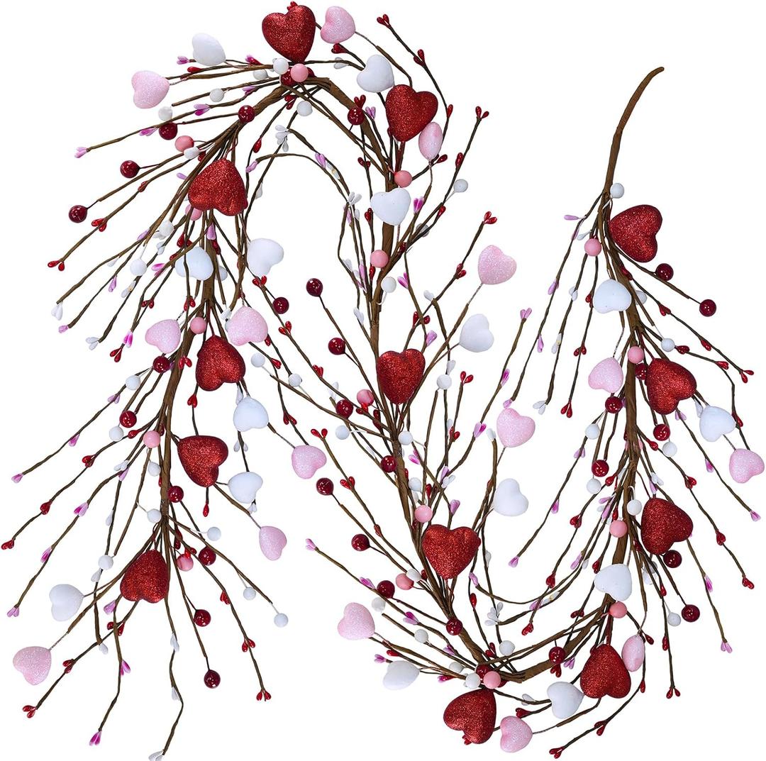 Winlyn 5.2 Ft Artificial Valentine's Day Garland Red Pink White Glitter Heart Garland with Berries for Valentine Party Holiday Wedding Festive Home Mantel Front Door Decor Dinner Table Centerpiece
