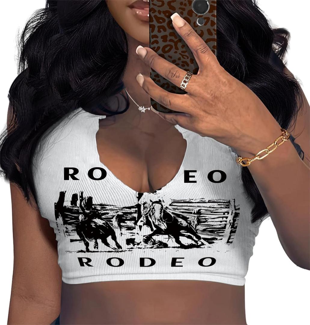 LovelyWholesale Sexy Crop Top for Women Graphic Tees V Neck Ribbed Tank Top (White)