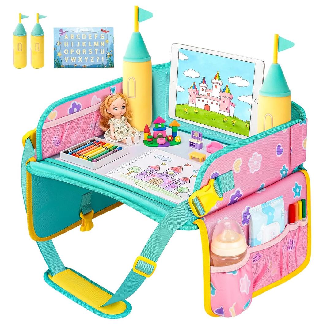 MENZOKE Car Seat Tray with 2 Removable Castle Towers, Carseat Tray for Toddler Girls Gifts Age 45, Kids Travel Tray for Kids,Foldable Snack Table with Storage Pockets for Road Trip,Pink & Green