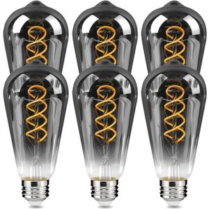 E26 ST64 Vintage Edison Light Bulbs, Smoky Grey Coated Glass, Dimmable, 4W(20W Equivalent) 150 Lumens, 2700K Soft White, Spiral Filaments Design, Antique Style, 25000 Hrs, 6-Pack