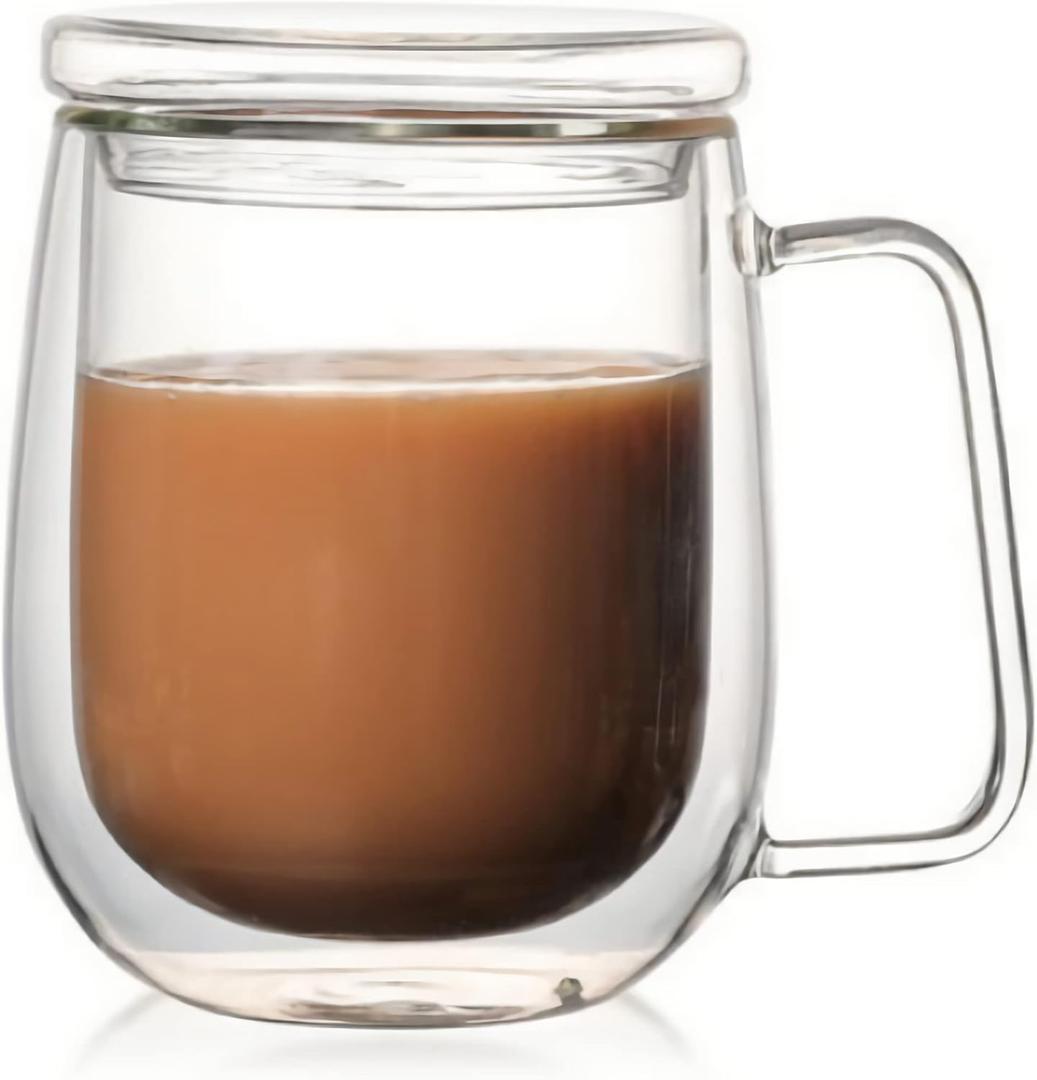 KNC Borosilicate Glass Coffee Mug with Lid Handle,12 oz Double-wall Insulated Milk coffee Cup, Thick Expresso Coffee Cups For Americano, Latte, Espresso, Cappuccinos Beverage and Tea, Clear