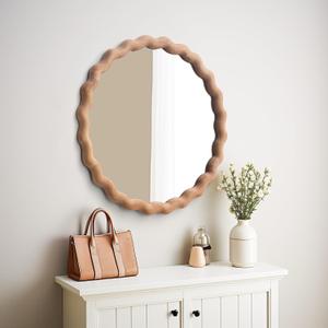 sawsile Circle Wood Mirrors for Wall, 24" Large Irregular Wavy Wood Modern Boho Vanity Farmhouse Mirrors for Bedroom Living Room Entryway Hallway Fireplace