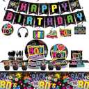 80s Birthday Decorations Party Supplies, 80's Themed Party Tableware 172pcs Serves 20 - Plates, Napkins, Cups, Cutlery, Tablecloth, Banner, Hanging Swirls, Cupcake Toppers for 80s Hip Pop Party
