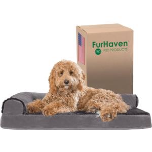 Furhaven Orthopedic Dog Bed for Large/Medium Dogs w/Removable Bolsters & Washable Cover, For Dogs Up to 55 lbs - Plush & Velvet L Shaped Chaise - Platinum Gray, Large
 30x21inches