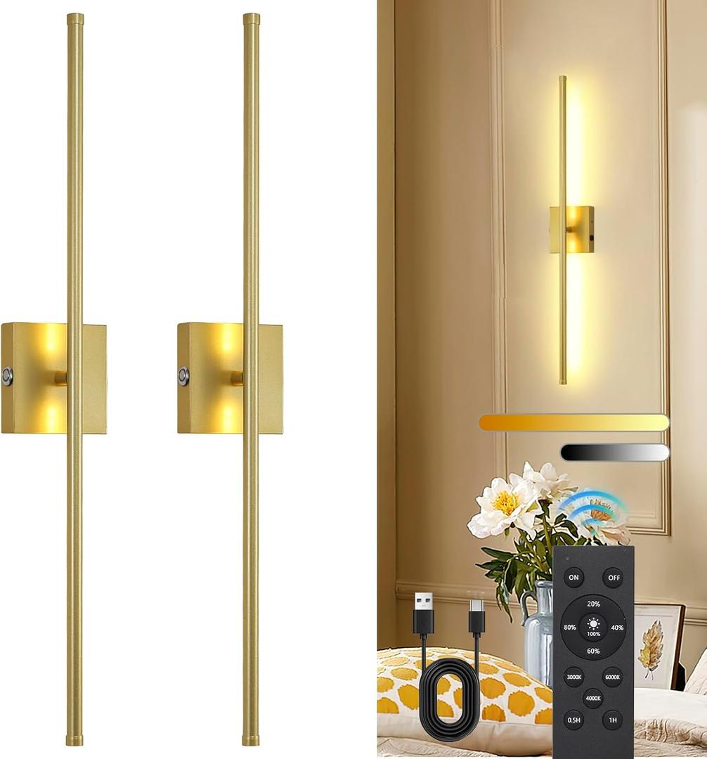 Battery Operated Wall Sconces Set of 2, LED Rechargeable Wall Lights with Remote Control, 3 Colors Dimmable, 350 Rotate, Gold Wireless Wall Lamp for Living Room, Bedroom, 28.3 Inch (2 Packs)