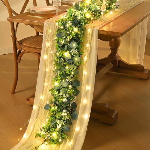 1Pcs Eucalyptus Garland with Lights, Greenery Garland, Green Garland with Flowers, 5.9FT Artificial Faux Eucalyptus Leaves Vines for Table Mantle Home Wedding Party Indoor Outdoor Decor