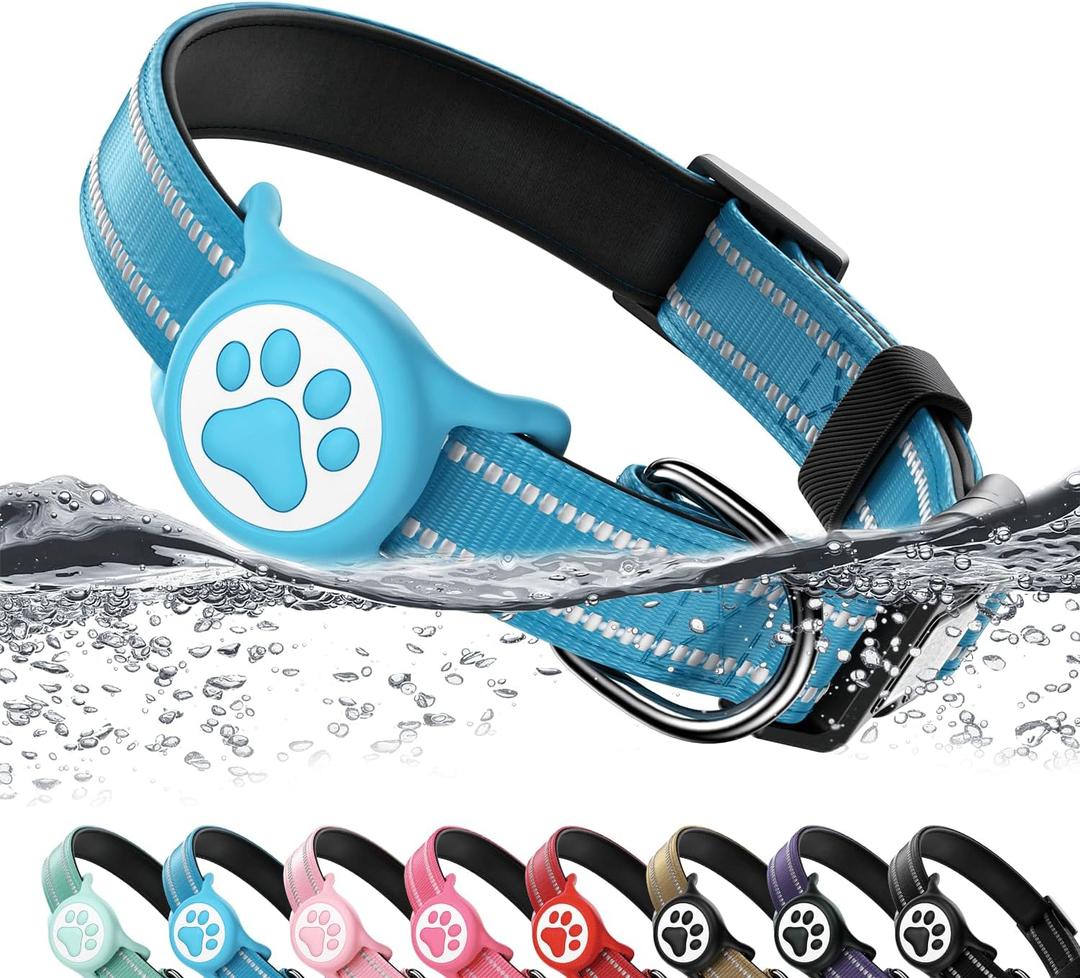Airtag Dog Collar, Reflective Ultra-Durable Nylon Padded with QR Code Buckle & IP68 Waterproof Air Tag Holder Compatible for Apple AirTag, Comfortable for Small Medium Large Dogs(Blue, S)