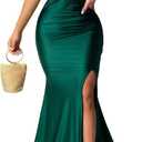 Womens Off Shoulder Sexy V Neck High Split Long Maxi Dress, Formal Cocktail Party Evening Gown Mermaid Dress (Small, Short Sleeved - Dark Green)