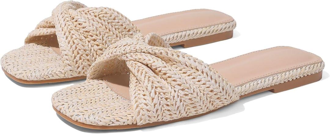 EQAUDES Raffia Flat Sandals for Women Straw Woven Braided Twist Slip On Slides - Summer, Open Toe, Beach, Comfort, Dressy, size 6.5
