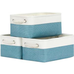 Bidtakay Small Storage Baskets for Shelves 3 Pack Fabric Storage Bins for Organizing Linen Collapsible Organizer for Closet-White&Teal