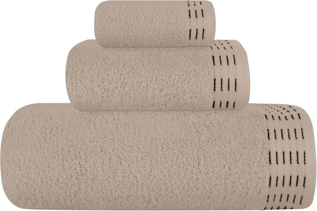 Ultra Soft 3 Pack Cotton Towel Set, Contains a Bath Towels 28x55 inch, a Hand Towels 16x24 inch & a Wash Coths 12x12 inch, Ideal Everyday use, Compact & Lightweight - Tan