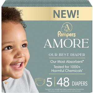 Pampers Amore, Size 5 (20-37 lbs), 48 Count, Our Best Diaper  Hypoallergenic & Fragrance Free, Up to 100% Leakproof, Soft as Cashmere