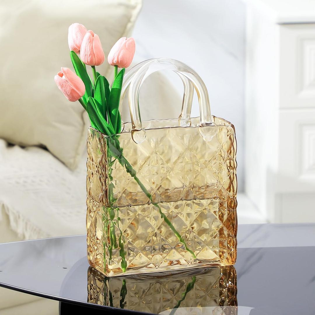 Glass Purse Vase, Glass Bag Vase, Amber Vases for Flowers, 12 Inch Large Flower Vases with Embossed Pattern for Wedding, Living Room, Bedroom, Table, Office(Tote)