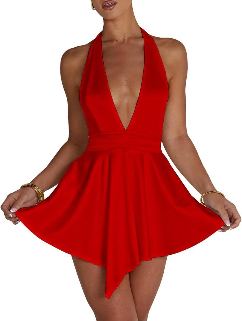 LuFeng Women's Sexy Sleeveless Halter Deep V Neck Backless Tie Back Waist Flowy Drape Satin Cocktail Mini Dress (Medium, Red) LuFeng Women's Sexy Sleeveless Halter Deep V Neck Backless Tie Back Waist Flowy Drape Satin Cocktail Mini Dress (Medium, Red)