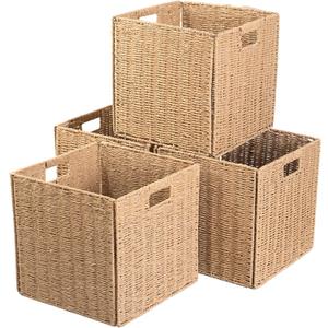 Foldable Square Baskets Set of 4, Paper Woven Storage Cube Bins with Handles for Shelves Cubby Organizing (Natural, 13'' x 13'' x 13'')