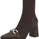 NEWBELLA Women's Ankle Boots - Knit Stretch Booties with Round Toe, Chunky Platform Block Heel Pull-On Chelsea Boots for Casual Streetwear, Daily Commute & Night Out, Size 8, Brown