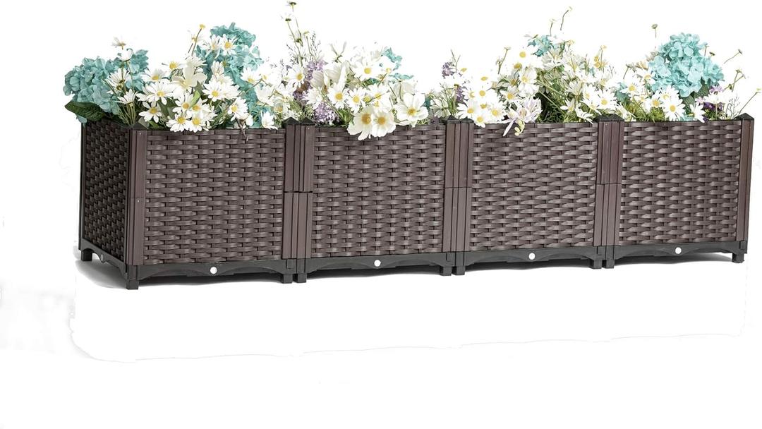 Modern Rattan-Style Plastic Raised Garden Bed Set Indoor Outdoor Plastic Planter Grow Box for Flowers Vegetables and Herb (Pack of 4) (Rectangle)