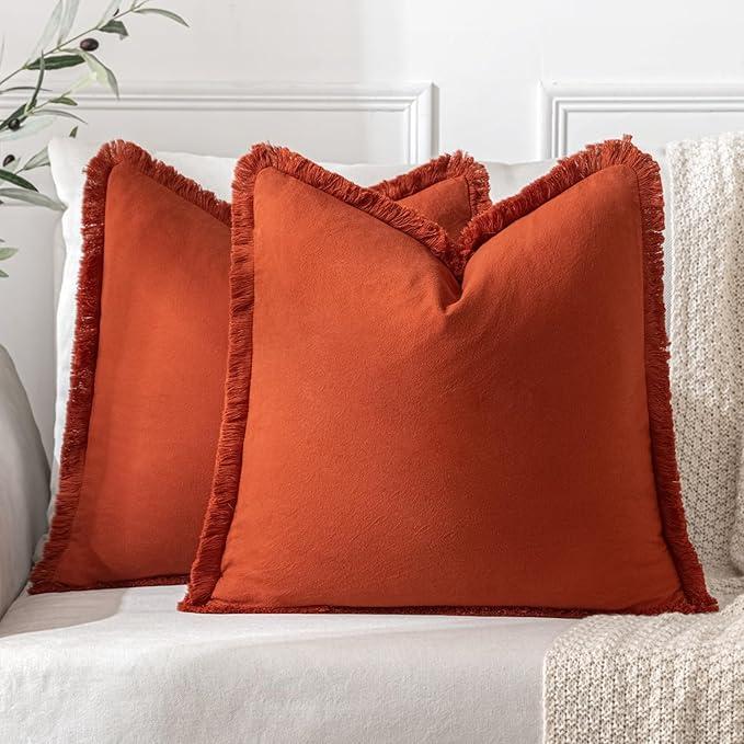 MIULEE Throw Pillow Covers Fall Boho Farmhouse 20x20 Set of 2 Decorative Rust Couch with Fringe Chic Cotton Pillowcases Home Decor Accents for Cushion Soft Bed Living Room