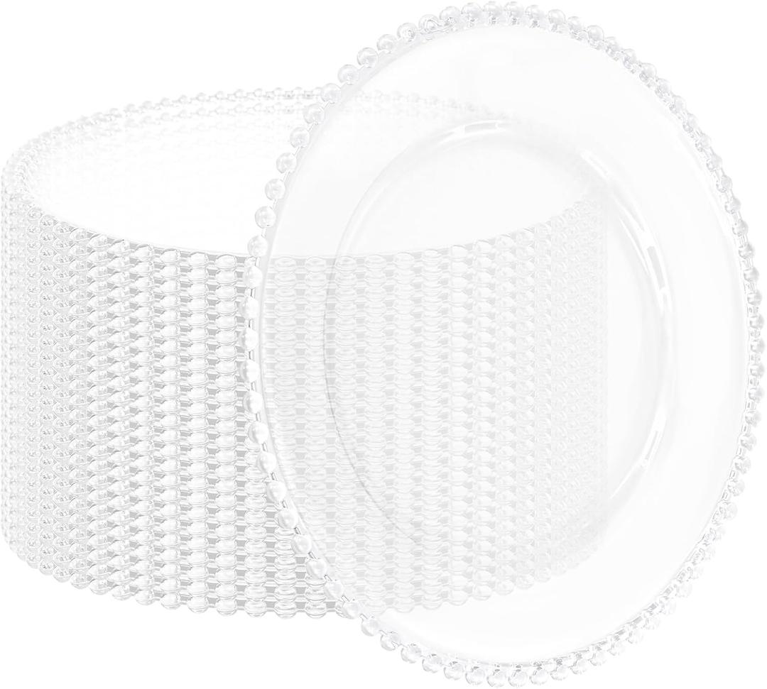 24 Pack Clear Charger Plates 13 Inch Clear Plastic Charger Plates with Beaded Rim Acrylic Round Dinner Plates for Home Kitchen Catering Wedding Table Event Party Dinner Tabletop Decoration (Clear)