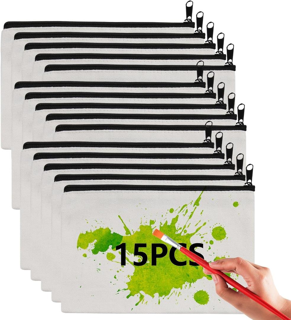 15 pcs Sublimation Blanks Makeup Bags Bulk, Black Zipper Canvas Pencil Bag,Polyester Tote Bags for Sublimation DIY Craft