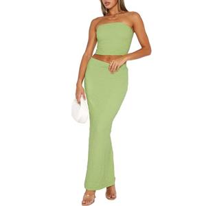 korssyee Two Piece Skirt Outfits for Women Sleeveless Tube Tops Bodycon Sexy Maxi Dress 2 Piece Summer Y2K Vacation Set Yellow Green, Small