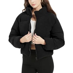 Flygo Womens Cropped Corduroy Puffer Jacket Winter Jackets Warm Long Sleeve Zip Quilted Down Puffer Coat,M