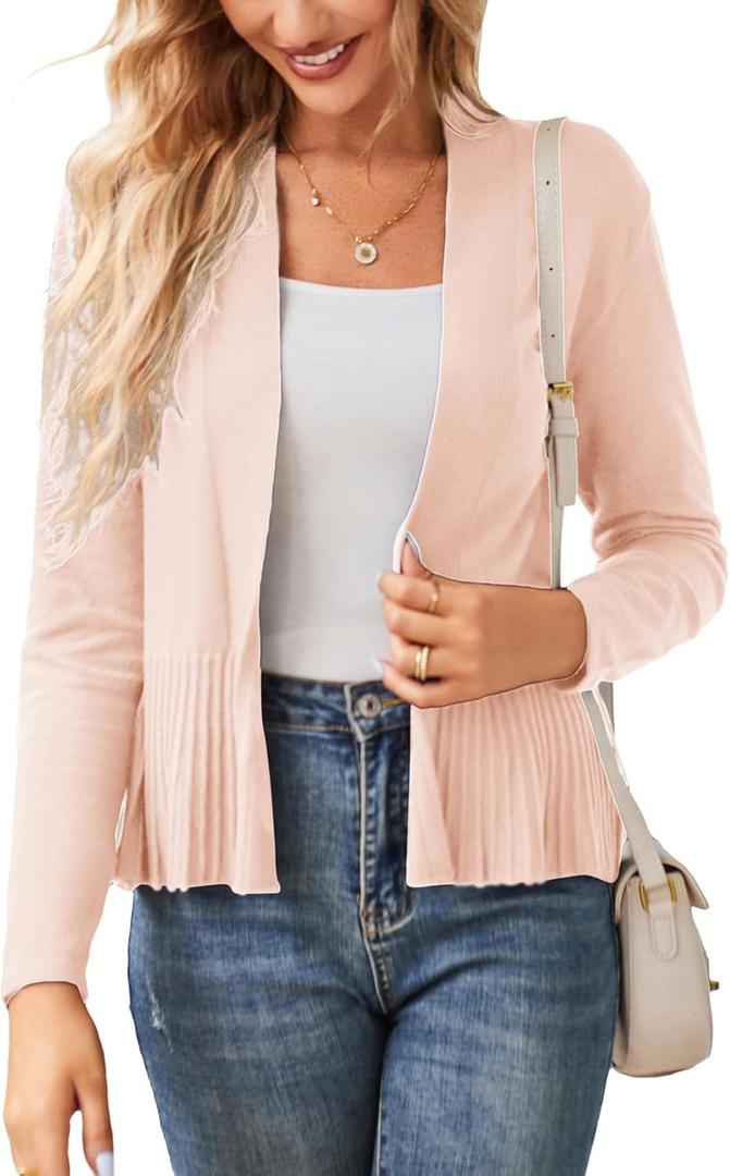 GRACE KARIN Women's Lightweight Draped Open Front Cropped Cardigan Long Sleeve Sweaters Peplum Knit Tops (Medium)