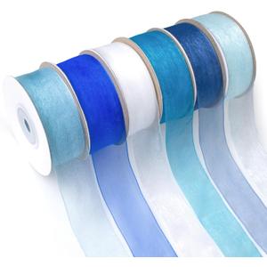 Sheer Organza Ribbon - 1 Inch x 150Yd, 6 Rolls Blue Chiffon Ribbon for Gift Wrapping, Wedding, Christmas
