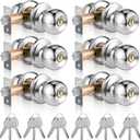 6Pcs Door Knob with Lock and Key, Stainless Steel Exterior Door Locks 60-70mm Adjustable Latch Interior Door Knobs Lock for Bedroom Bathroom Entry Doors, Silver