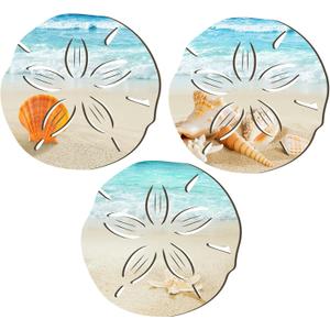 3 Pcs Summer Coastal Wall Decor Beach Wall Art Blue Sea Turtle Surfboard Seahorse Starfish Seashell Conches Crabs Sea Life Decor for Bathroom Bedroom Home (Sand Dollar Style)