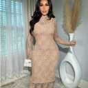 Womens Floral Lace Bodycon Midi Dress Long Sleeve Sexy See Through Mesh Club Party 2 Piece Dress Set (Beige)